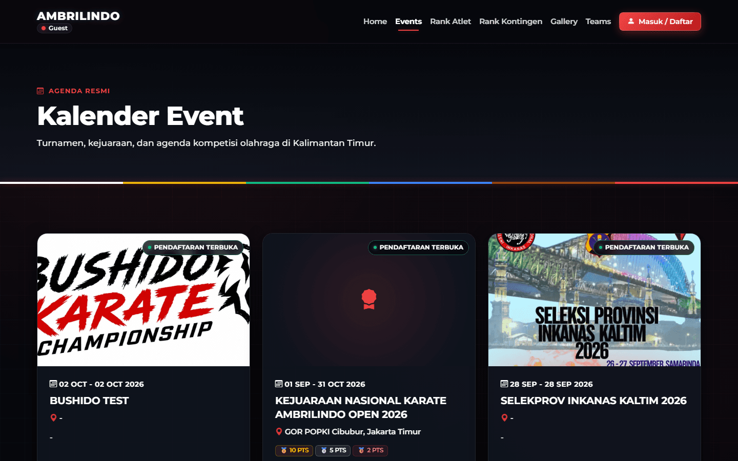 Tournament schedule and online registration listing